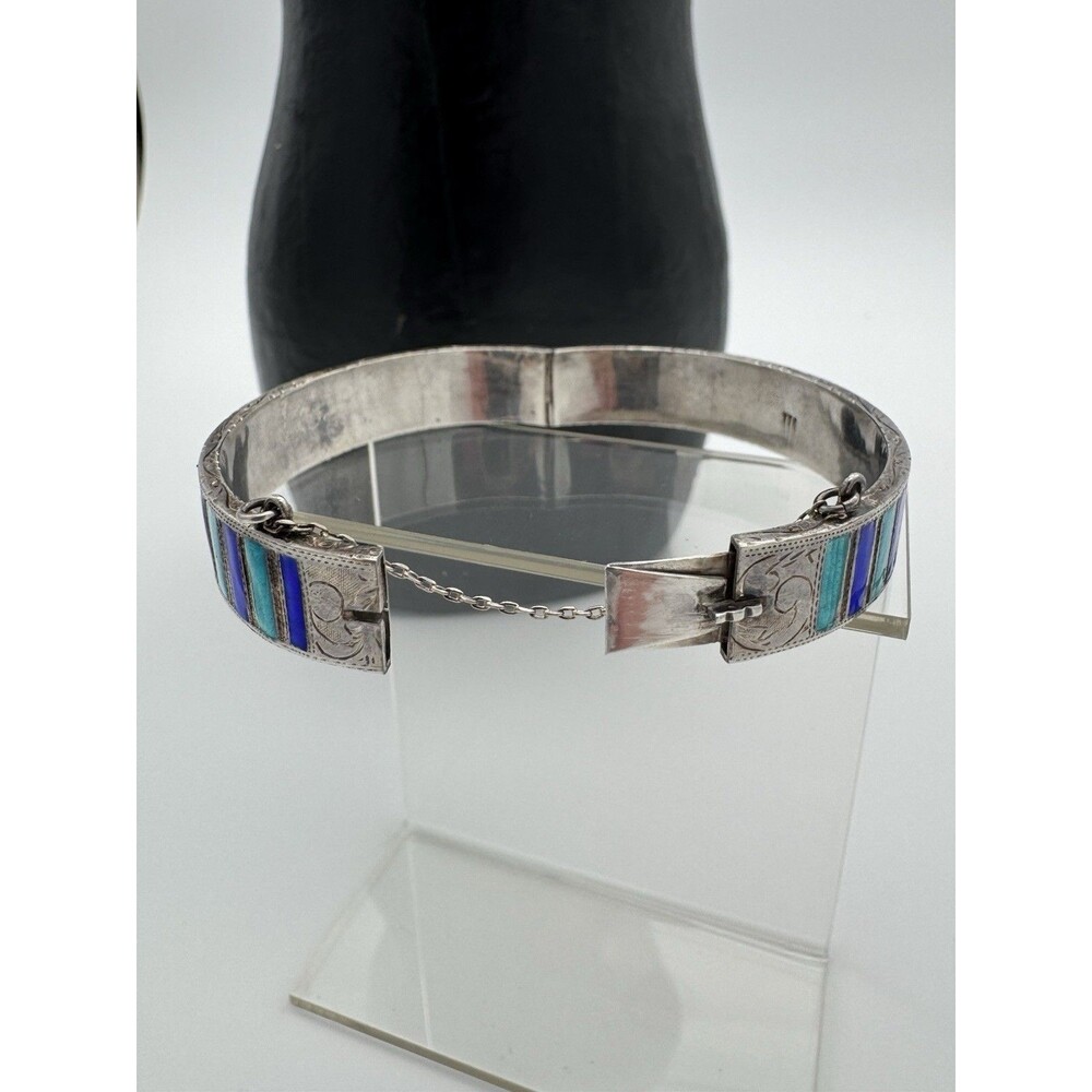 VINTAGE STERLING 925 Blue Green Aqua ENAMEL HINGEd BRACELET Bangle Clasp Closure - Picture 6 of 10